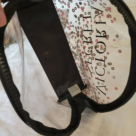 Victoria's Secret Cosmetic Bag Makeup Clear zippered w/sequins Logo black trim - Picture 4 of 7